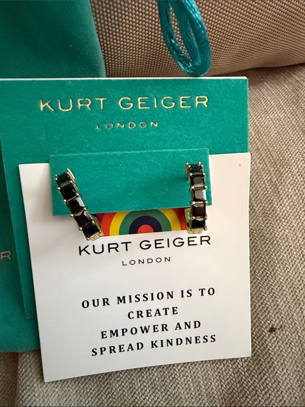 Kurt Geiger Gold Tone Earrings With Black Stones & KG Green Glass Earrings NWT